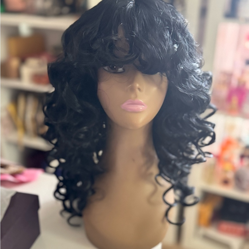 Black Curly Wig with Bangs